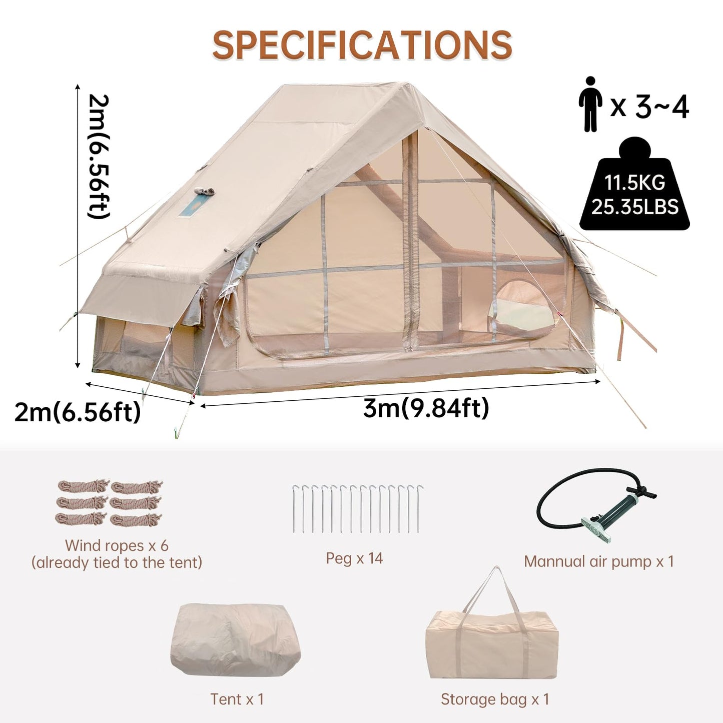 WaldZimmer 6sq Beige Inflatable Camping Tent with Hand Pump and Stove Jack Waterproof Windproof Outdoor Blow up Tent 3-4 Person Oxford 4 Season Glamping Air Tents Cabin House Easy to Set Up