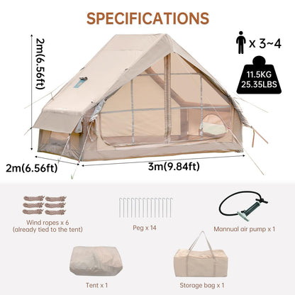 WaldZimmer 6sq Beige Inflatable Camping Tent with Hand Pump and Stove Jack Waterproof Windproof Outdoor Blow up Tent 3-4 Person Oxford 4 Season Glamping Air Tents Cabin House Easy to Set Up
