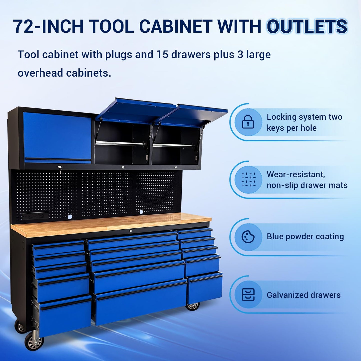 CHETTO C 72 inch Tool Chest Tool Box Mobile 15 Drawer Storage 3 Upper Cabinet Power Outlet SS-Pegboard with Wheels Lock Key Locking System Drawer Liners for Garage Warehouse Repair Shop