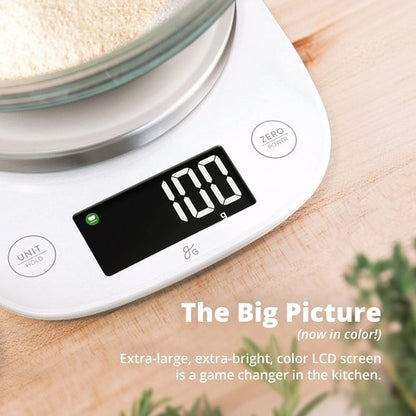 Greater Goods Digital Kitchen Scale - LCD Display, Weighs Grams & Ounces, Up to 11 lbs, White
