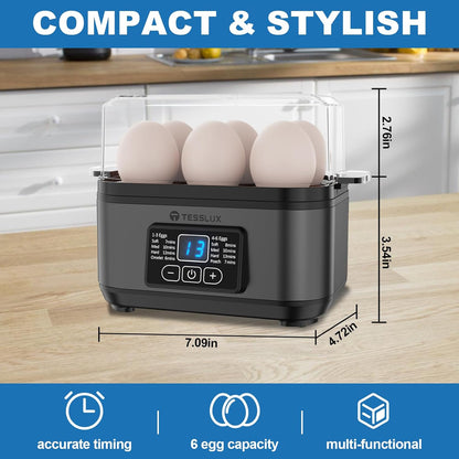 Tesslux Electric Egg Cooker - 6 Egg Capacity for Hard Boiled, Poached, Scrambled Eggs | Auto Shut Off (Gray)