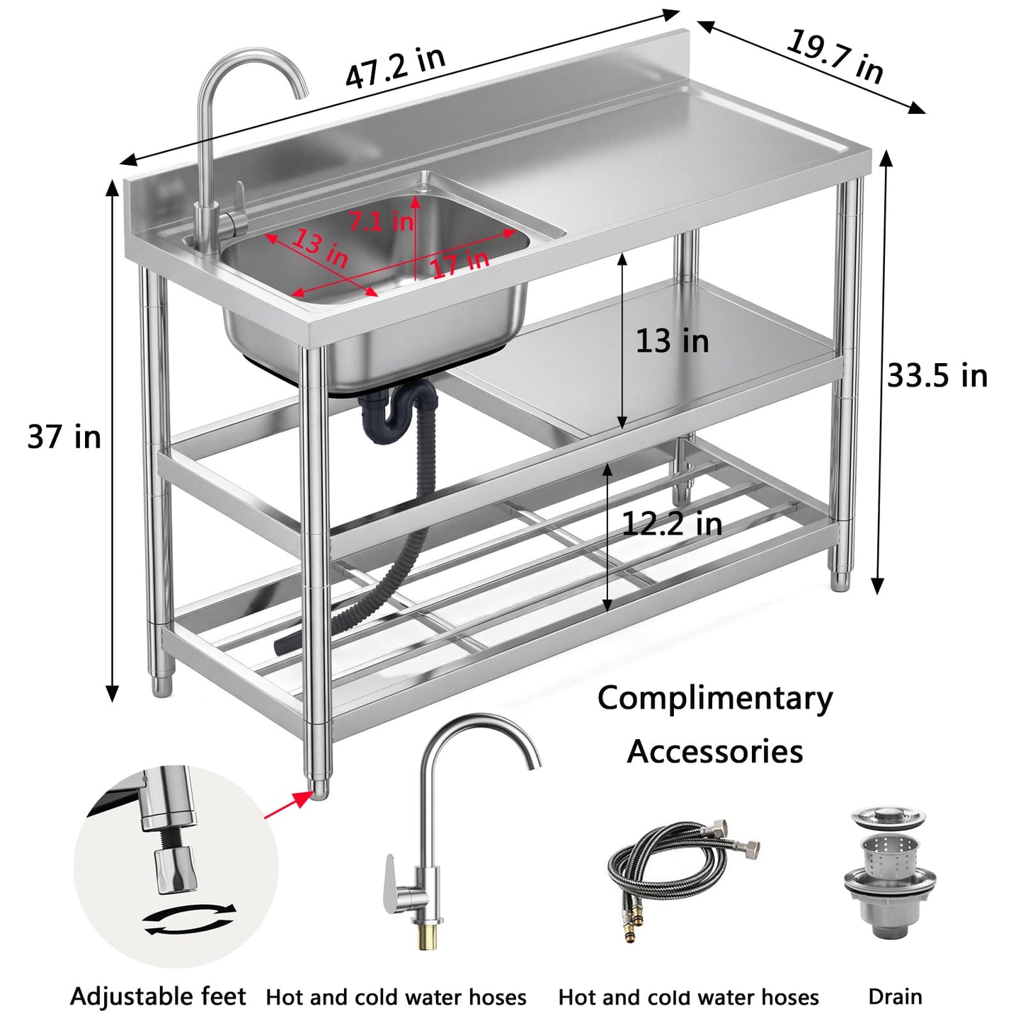 Free Standing Stainless-Steel Single Bowl Commercial Restaurant Kitchen Sink Set w/Faucet & Drainboard, Prep & Utility Washing Hand Basin w/Workbench & Double Storage Shelves Indoor Outdoor (47in)