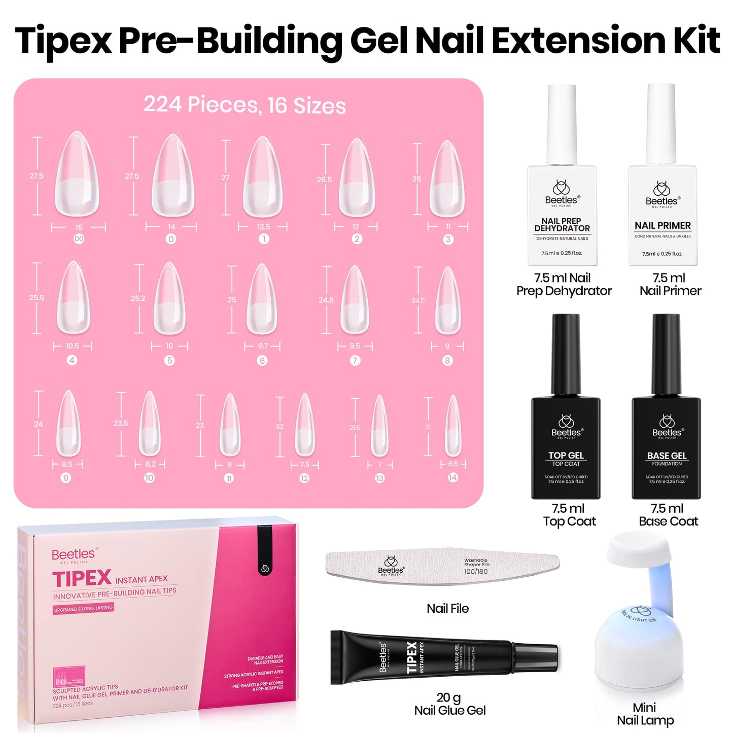 Beetles Tipex Instant Apex Nail Tips Kit, Coffin Long 224Pcs 16 Sizes Pre-Building & Pre-Etched Thicker Acrylic Nails False Nail Extension with Tipex Nail Glue Mini Nail Lamp