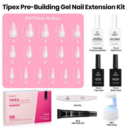Beetles Tipex Instant Apex Nail Tips Kit, Coffin Long 224Pcs 16 Sizes Pre-Building & Pre-Etched Thicker Acrylic Nails False Nail Extension with Tipex Nail Glue Mini Nail Lamp