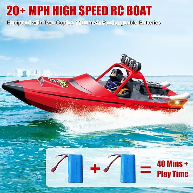 RC Boat for Kids Adults 2.4GHz Remote Control Boats with LED Light for Pool Lakes Water 20MPH Fast Speed Racing Jet Boat Boat Toy for Boys Girls 2 Rechargeable Batteries 40+ Mins Red