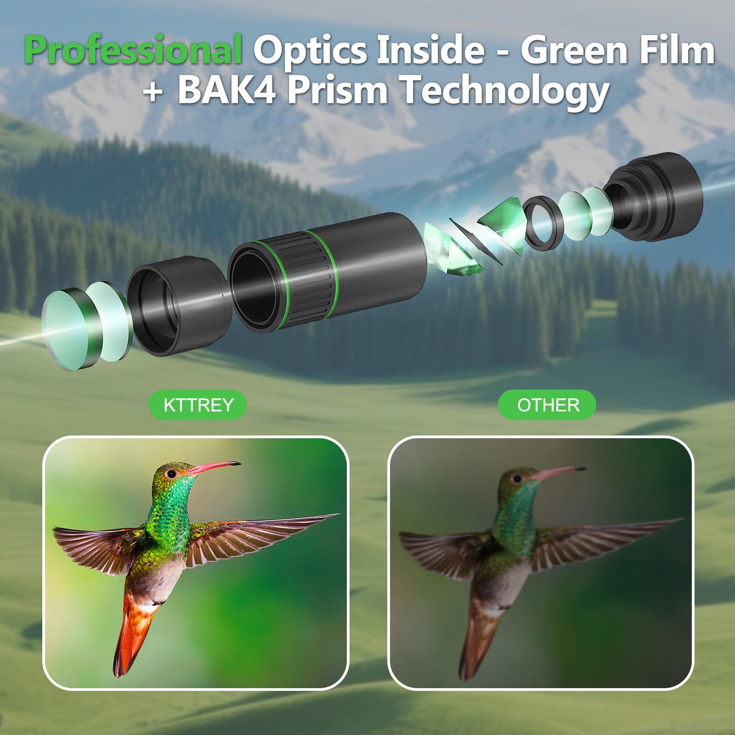 KTTREY 8x32 Monocular Telescope for Adults, High Power BAK4 Prism FMC Coating IPX7 Waterproof Compact Scope for Bird Watching Hunting Hiking Travel Gift with Carrying Case