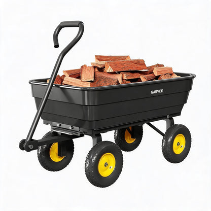 Garvee Poly Garden Dump Cart, Heavy Duty 600lbs Wheelbarrow Yard Cart Dump Wagon with 10”All Terrain Wheels, Garden Utility Wagon with Quick Release System& Convertible Handle Attach to ATV (Black)