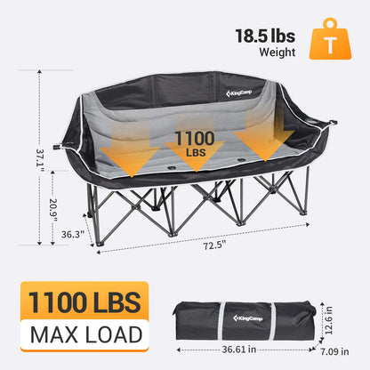 KingCamp 3 Person Camping Chair, Oversized 1100lbs Heavy Duty Loveseat for Adults Portable Folding XL 2 Person Couch Padded Comfortable Three Seat with Cup Holder for Outdoor Lawn Backyard, Black/Grey