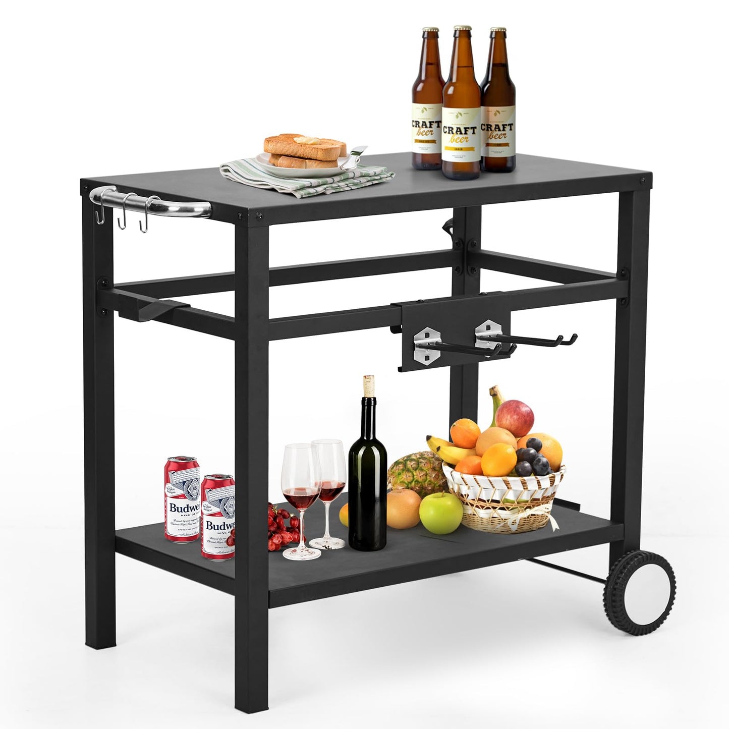Outdoor Grill Cart - Portable Barbecue Table with Rolling Wheels, Hooks, Double Shelves, Removable Steel Flat Top Work Surface, Side Handles, Multifunctional Commercial Design