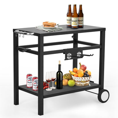 Outdoor Grill Cart - Portable Barbecue Table with Rolling Wheels, Hooks, Double Shelves, Removable Steel Flat Top Work Surface, Side Handles, Multifunctional Commercial Design