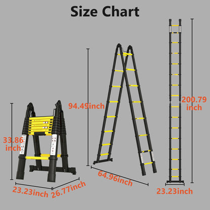 Telescoping Ladder A Frame 16.5Ft Aluminum with Stabilizer Bar, 330 LBS Capacity, Collapsible Extension Ladder for House, Roof, RV & Travel Trailer(Black+Yellow)