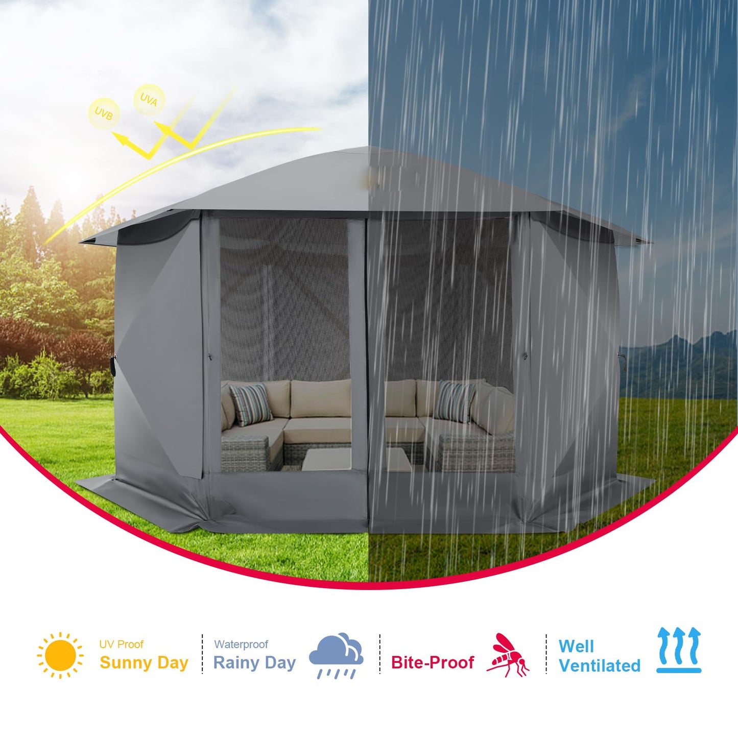 COBIZI 12x12 FT Pop Up Canopy Stargazing Tent, Gazebos On Clearance with Removable Roof, Screened in Gazebo, Screen Tents Portable carpas para Patio for Outdoor Camping,Backyard, Garden,Grey(Pro)