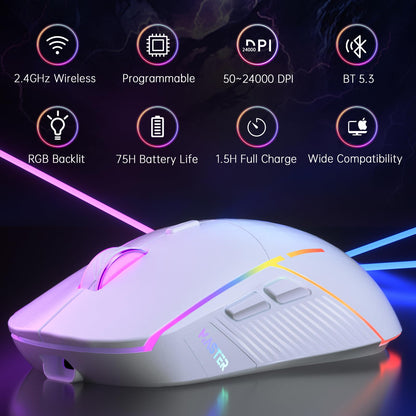 FFJ Wireless Gaming Mouse, 24000 DPI, Tri-Mode 2.4G/USB-C/Bluetooth 5.3 Gaming Mouse Wireless, RGB Programmable Mouse Gamer, 75Hrs Battery Life, Rechargeable Gaming Mice for PC, Mac, PS5, Xbox - Black