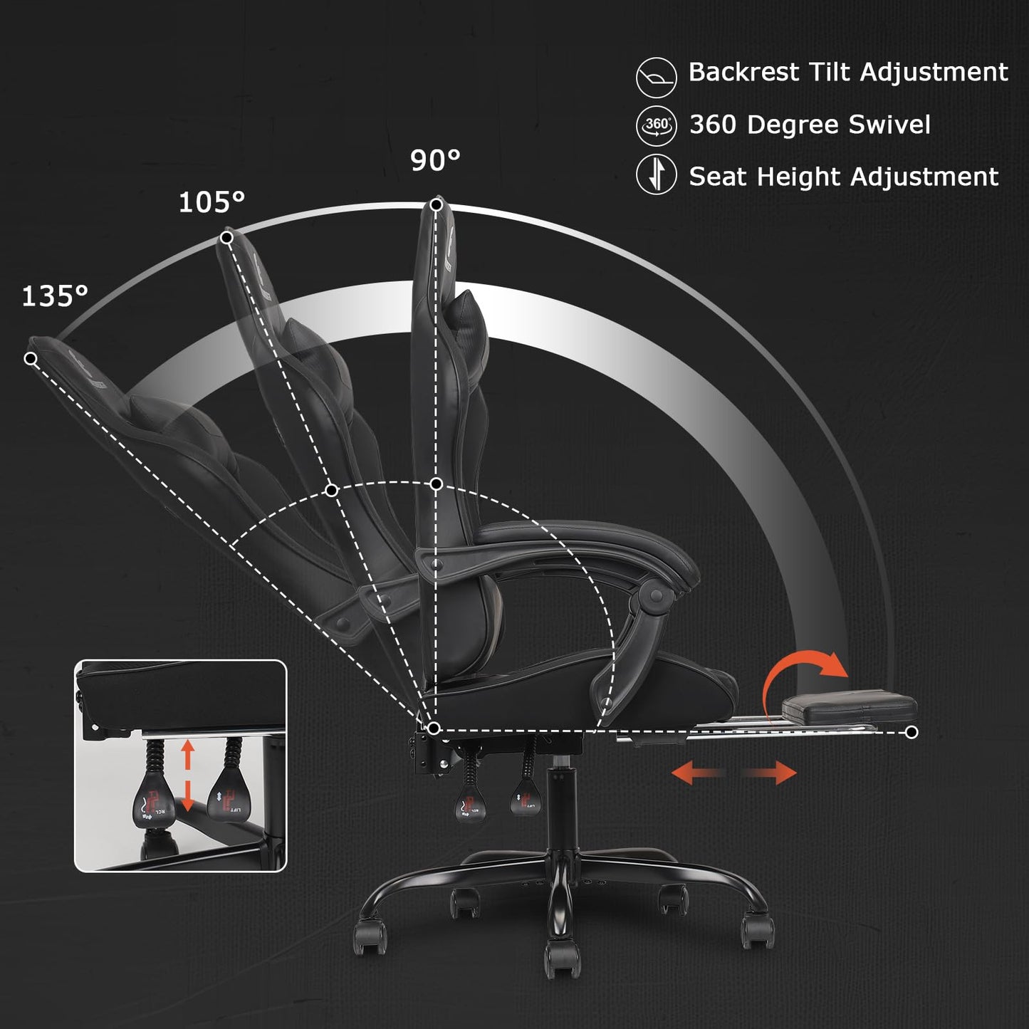 ErgoDesign Gaming Chair with Linkage Armrest & Footrest, High Back Video Gaming Chair, Black