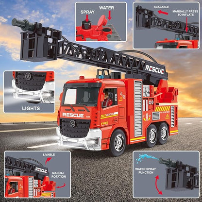 Remote Control Fire Truck RC Fire Truck Toy Set 2 Firetruck with Fire Extinguisher 2 Dolls 4 Traffic Cones Lights Sounds Extendable Rescue Ladder Firetruck Toy for Boys Kids