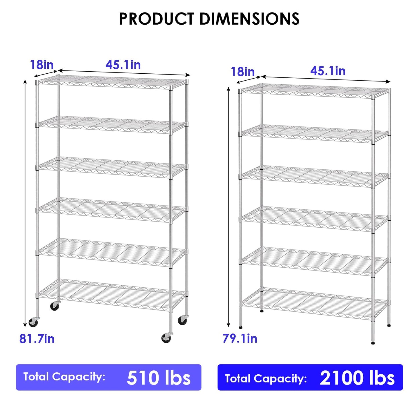 FDW 45"L×18"W×82"H Wire Shelving Unit Storage Cart Metal Shelf Rolling Utility Cart 2100Lbs Capacity with 6 Tier Casters Adjustable Layer Rack Strong Steel for Restaurant Garage Pantry Kitchen,Chrome