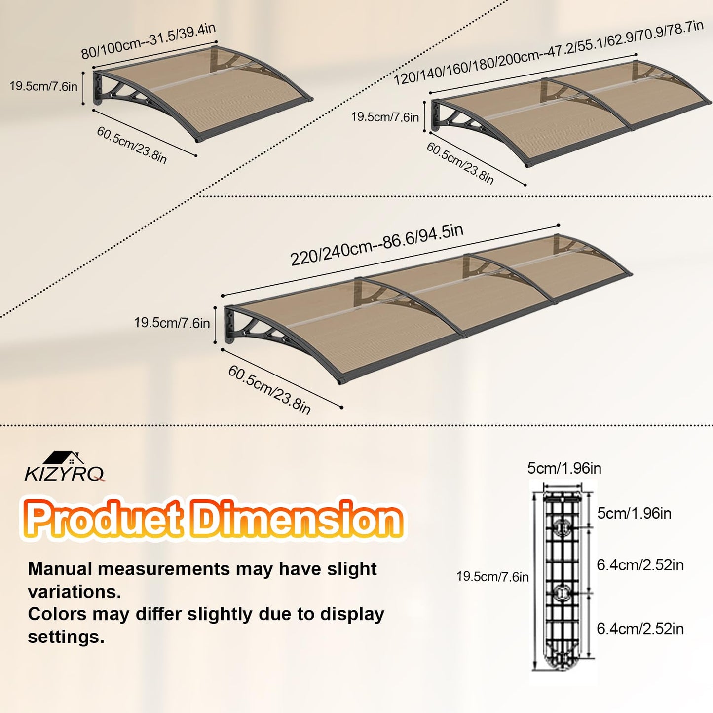 Door Awning,Awning for Door Entrance with Polycarbonate Cover,Shields Windows,Patio & Exteriors from Sun/Rain/Snow Brown 24x87in/60x220cm