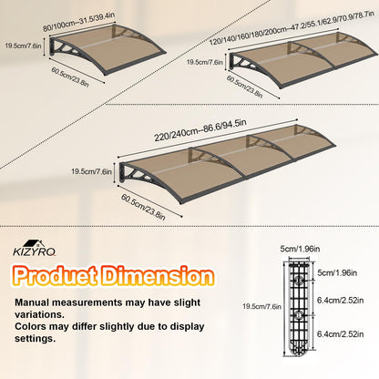 Door Awning,Awning for Door Entrance with Polycarbonate Cover,Shields Windows,Patio & Exteriors from Sun/Rain/Snow Brown 24x87in/60x220cm