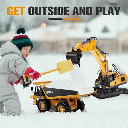 Remote Control Excavator Toy for Boys | 11-Channel Metal Construction Truck with Lights 2×1200mAh Batteries 120-Min Playtime | RC Excavator Toys for Kids Ages 3-12 STEM Gift for Birthday