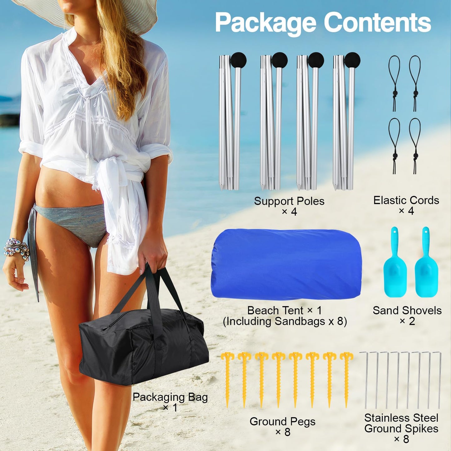 Rhino Valley Beach Tent, 10 x 13 FT Beach Shade UPF50+ Protection, Beach Canopy with 8 Sandbags 4 Stability Poles,Outdoor Beach Tent Sun Shelter Umbrella for Sand,Camping,Fishing Essentials, Indigo