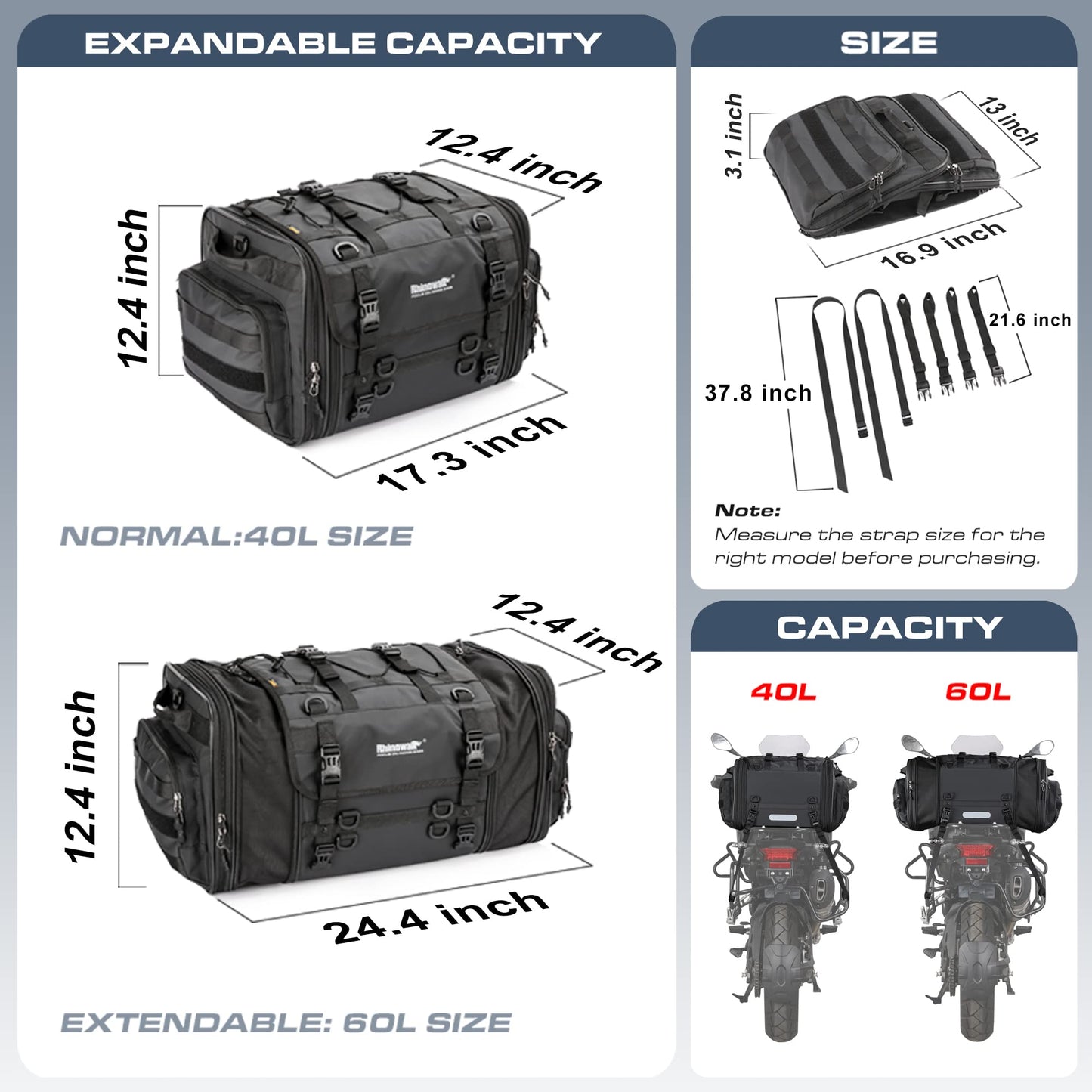 Rhinowalk Motorcycle Tail Bag, Expandable Motorcycle Travel Luggage Bags 60L, Waterproof All-Weather Trunk Rack Bag with Sissy Bar Straps & Helmet Rain Cover-Black