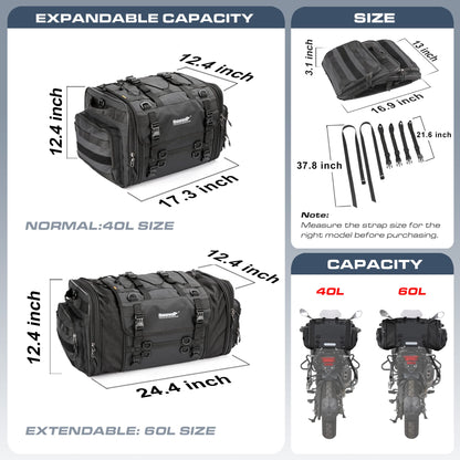 Rhinowalk Motorcycle Tail Bag, Expandable Motorcycle Travel Luggage Bags 60L, Waterproof All-Weather Trunk Rack Bag with Sissy Bar Straps & Helmet Rain Cover-Black