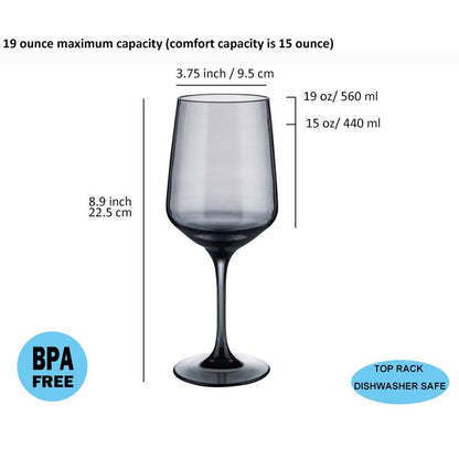KOXIN-KARLU Unbreakable Classic 18 ounce All-Purpose Plastic Stem Wine Glasses Acrylic Glasses, set of 6 Grey