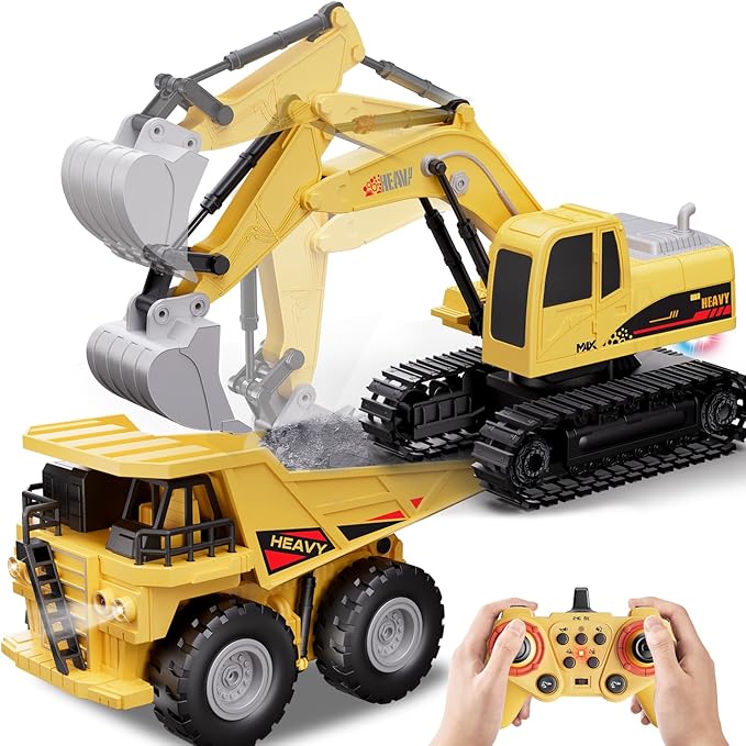 RC Excavator and Dump Truck Toy Set for Kids - 11 Channel Remote Control Construction Vehicle with Lights and Sounds Music 2.4Ghz Rechargable Digger Car Gifts for Boys Kids Ages 6-8