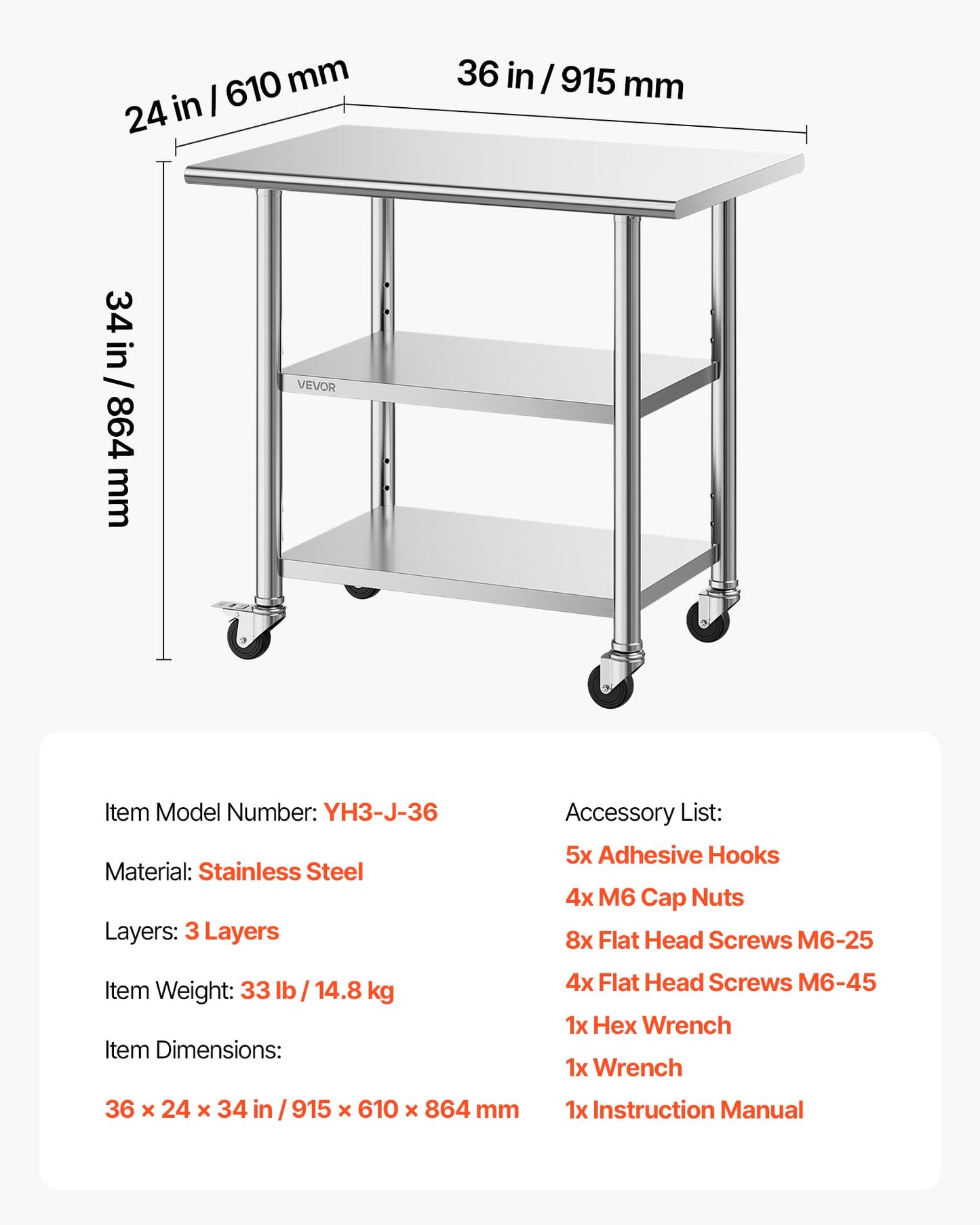VEVOR Stainless Steel Work Table, 24x36 Inch Food Prep Table with 2 Shelves and Wheels, Commercial Kitchen Workstation, Metal Heavy Duty Utility Worktable, for Restaurant Home Hotel Garage Outdoor