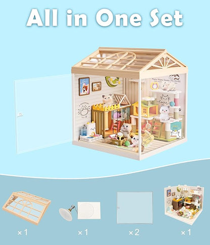 DIY Miniature Cat Pet Shop Dollhouse Kit with Dustproof Cover &amp Roof - Purrfect Tiny Animal Shelter Room with Led Lights - Creative Craft Set for Ages 14+