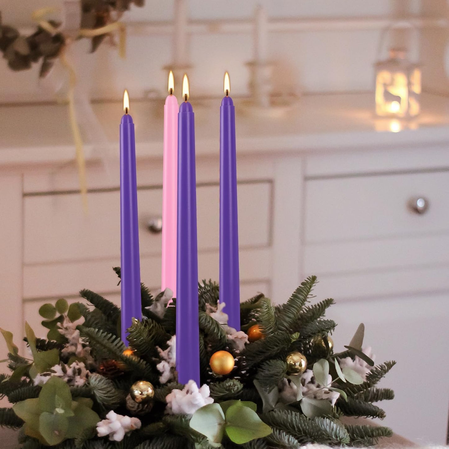 16-Pack Christmas Advent Candles (12 Purple & 4 Pink), 10 Inch Taper Candles for Holiday Decor - Unscented, Dripless & Long-Lasting for Church, Christmas, Weddings and Table Centerpieces