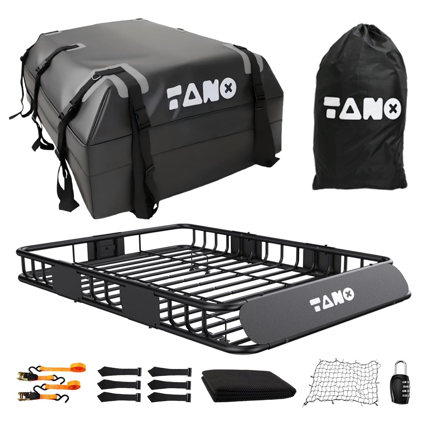 TANX 51" x 36" x 5" Roof Rack Cargo Carrier Basket with Waterproof Bag, Rooftop Cargo Carrier with Cargo Net & Ratchet Straps, Heavy Duty Roof Basket for SUV Truck, Hitch Cargo Carrier