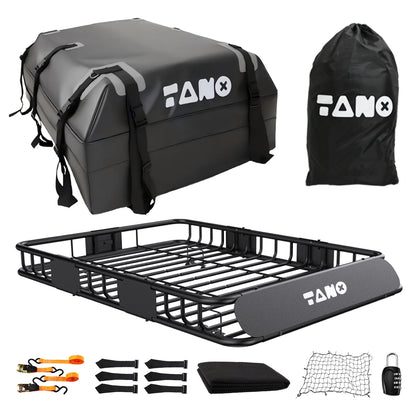 TANX 51" x 36" x 5" Roof Rack Cargo Carrier Basket with Waterproof Bag, Rooftop Cargo Carrier with Cargo Net & Ratchet Straps, Heavy Duty Roof Basket for SUV Truck, Hitch Cargo Carrier