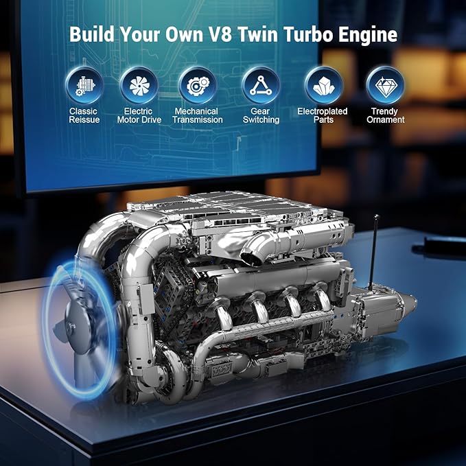 Mould King V8 Twin Turbo Engine Model Kit that Works - 2899+ PCS Build Your Own Visible Model Engine Kit for Adults with Motor and Battery Building Blocks for Adults DIY STEM Construction Toys