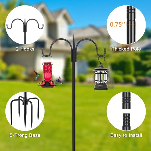 Feed Garden Adjustable Double Shepherd's Hook - 76 Inch Heavy Duty Bird Feeder Pole | 5 Prong Base for Hanging Plants & Lanterns (2 Pack)