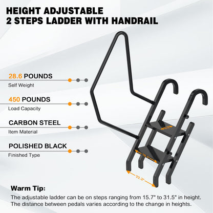 Height Adjustable 2 Steps Ladder with Handrail, Heavy Duty 2 Step Metal Ladder with Non-Slip Pedals for Indoor & Outdoor Steps (450LBs Loading)