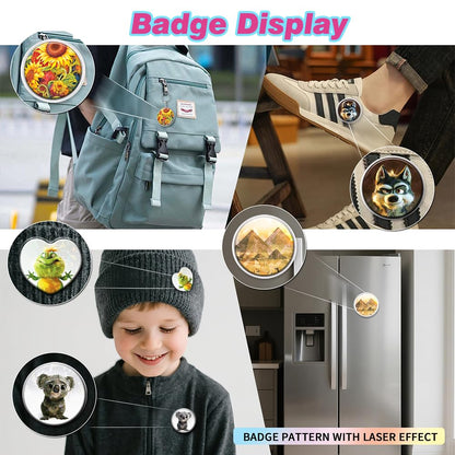 Upgraded Badge Button Maker Machine Kit - DIY Pin Press with 2 Round Sizes & Heart Shapes,Button Parts, Pictures, Circle Cutter, Board, Chain & Scissors - Ideal for Kids, School & Party Badge Making