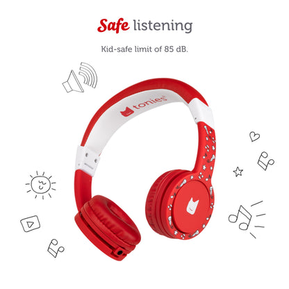 Tonies Foldable Wired Headphones for Kids - Comfortably Designed to fit On-Ear - Works with Toniebox 1 and All 3.5mm Devices - Red