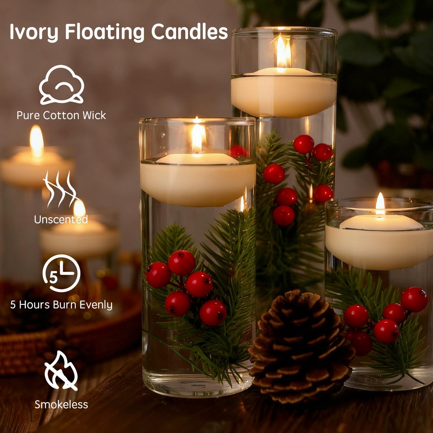 GINITIRI 36 Pack Floating Candles,2 inch Ivory Unscented Dripless Floating Candle for Centerpieces,5-6H Burning 2" Water Candles Bulk for Cylinder Vases,Weddings,Christmas Party,and Holiday