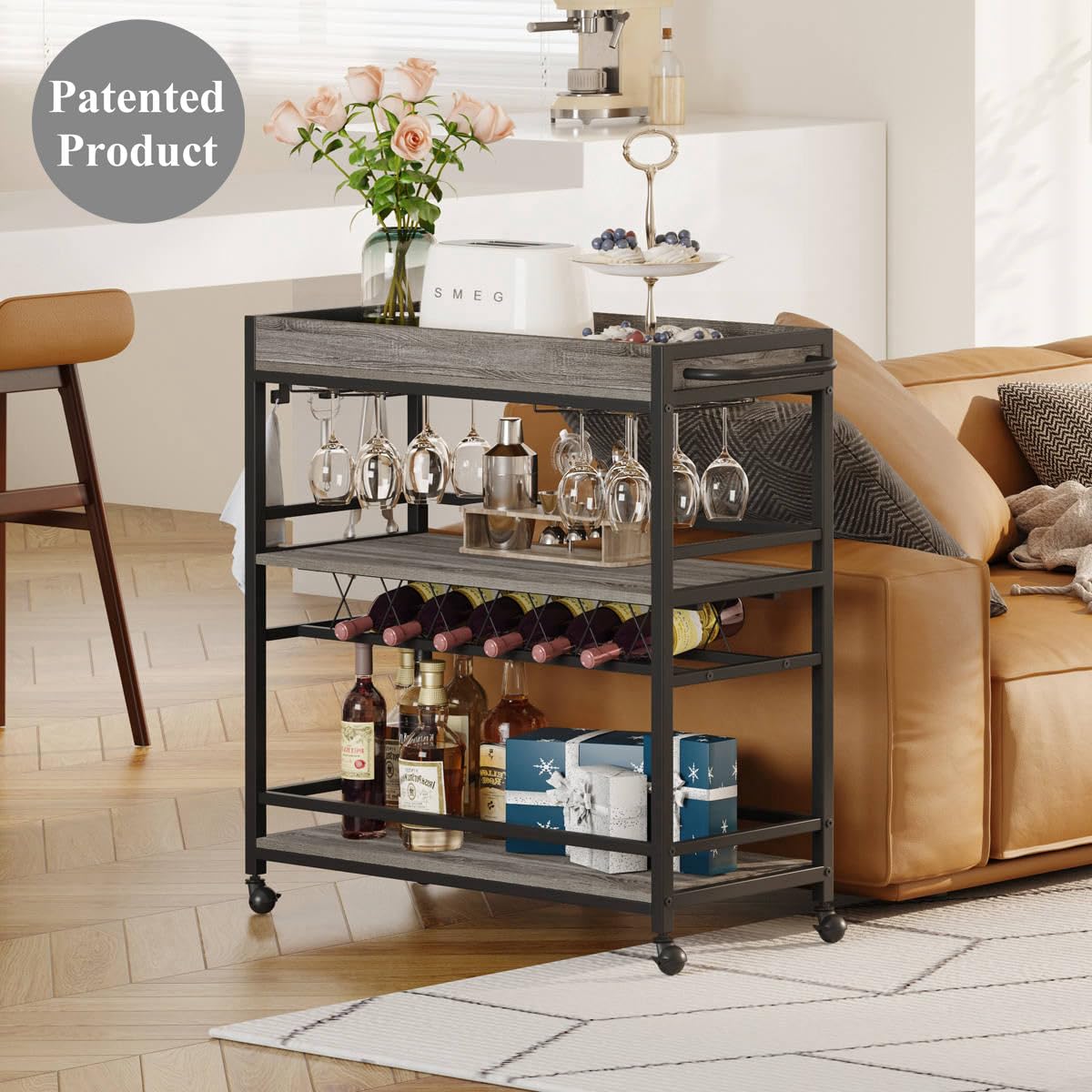 BON AUGURE Bar Cart, Home Bar Serving Cart on Wheels, Mobile 3 Tier Liquor Beverage Carts with Wine Rack and Glass Holder (Grey Oak)
