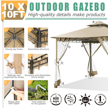 HOTEEL 10’x10’ Gazebo on Clearance, Waterproof Outdoor Gazebo with Mosquito Netting, Double Roof and Heavy Duty Durable Frame, All Weather Easy Assembly for Patio, Backyard, Garden, Windproof
