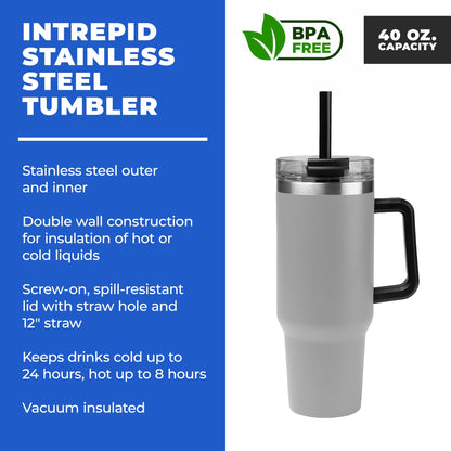 Gifts by Design 10 Ct of 40 Oz Intrepid Stainless Steel Tumbler with Lid, Straw & Handle – Gray – Customizable Insulated Cups for Water, Coffee, Hot & Iced Drinks – Great for DIY, Events, Work