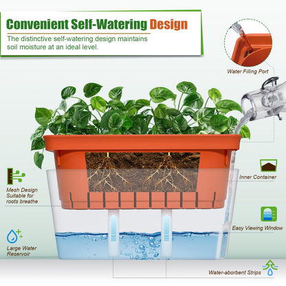 Fayavoo Self Watering Plant Pots, Set of 3 10.5 Inch Rectangular Windowsill Herb Planter Box, Modern Plastic Flower Pots for Indoor Outdoor Garden Office Patio, Planters with Drainage Hole Hidden Tray