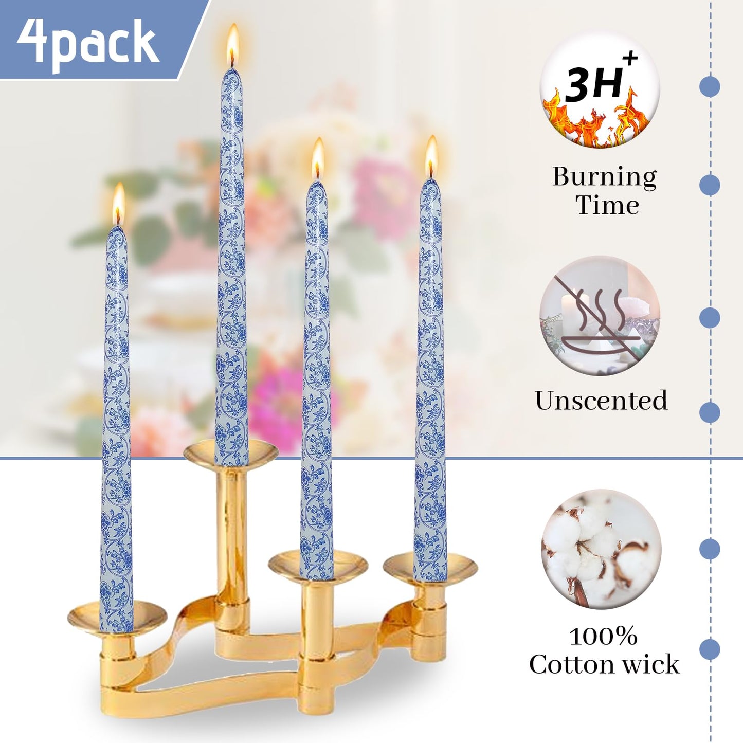 Floral Taper Candle Handmade Unscented Candlesticks 10 Inch Long Candle Sticks Blue Flower Print Tapered Candles for Home Party Wedding Party Set of 4