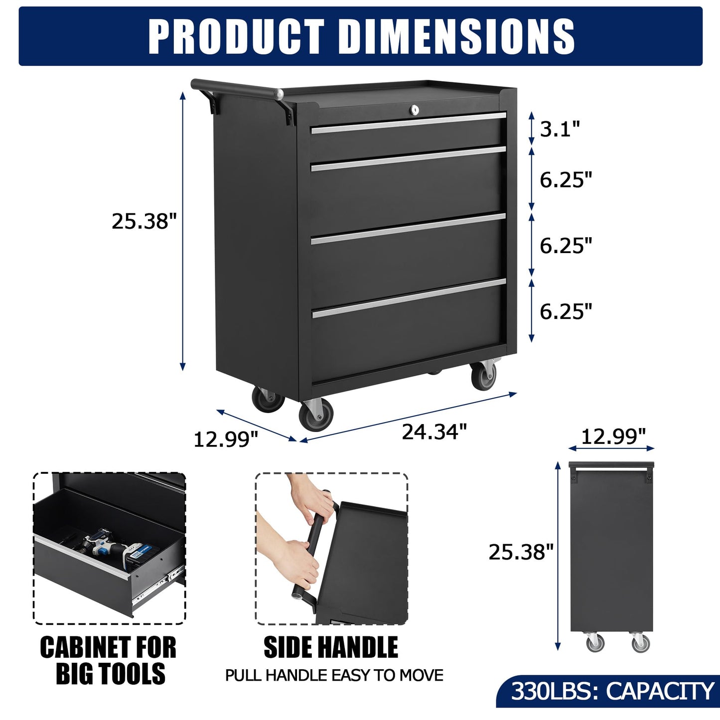 Rolling Tool Chest with Wheels, 4 Drawer Tool Storage Cabinet, Portable Toolbox Organizer with Lock, Heavy Duty Tool Chest Cart for Garage, Mechanic, Workshop, Shop, Mobile Tool Organizer, Black