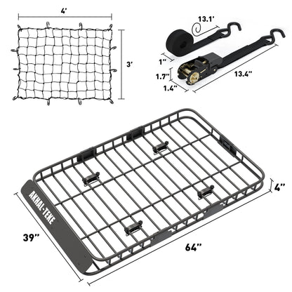 AKHAL-TEKE Roof Rack Basket, Upgraded 64"x 39"x 4" Roof Rack Cargo Carrier with 3' X 4' Super Duty Bungee Cargo Net, 2 pcs Ratchet Strap Fits for SUV Truck Cars