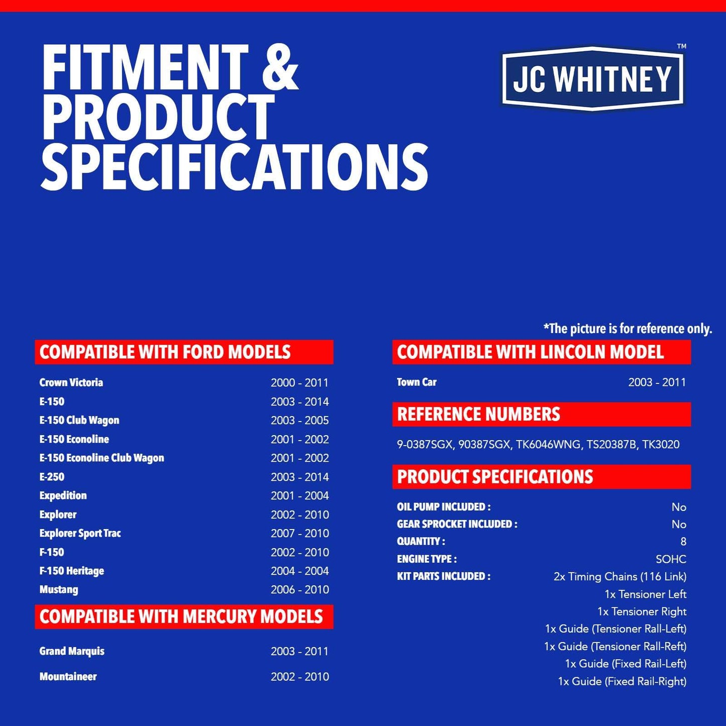 JC Whitney JFBAJCWTCK00095 Engine Timing Chain Kit with Tensioner - Fits SOHC V8 4.6L - Compatible with Ford F-150, F-150 Heritage, Explorer, Mustang, Expedition, Lincoln Town Car