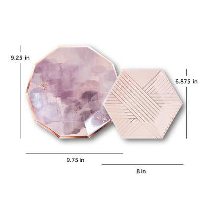 Harlow & Grey Amethyst Large Party Plates Set, 24 Ct Pack, 9.75” Elegant Disposable Paper Dinnerware Supplies for Birthday, Wedding, Shower, Anniversary, Holiday, Purple Watercolor & Rose Gold