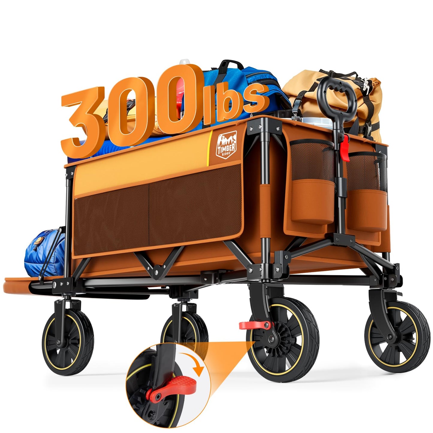 Timber Ridge 49" Extra Long Collapsible Folding Wagon with Tailgate and Brakes, 300lbs Heavy Duty Foldable Wagon with Adjustable Handle, 250L Capacity Portable Cart for Outdoor Camping Sports, Orange