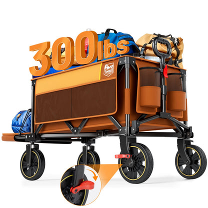 Timber Ridge 49" Extra Long Collapsible Folding Wagon with Tailgate and Brakes, 300lbs Heavy Duty Foldable Wagon with Adjustable Handle, 250L Capacity Portable Cart for Outdoor Camping Sports, Orange